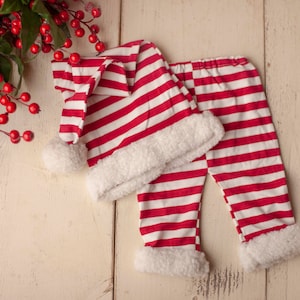 Christmas Santa Hat and Pants Set, Newborn Photography Christmas Pom Sleepy Cap and Red and White Striped Pants
