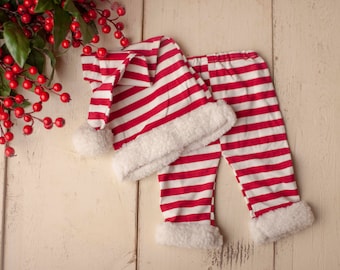 Holiday Candy Cane Stripped  Santa Hat and Pants Set, Newborn Photography Christmas Pom Sleepy Cap and Red and White Striped Pants