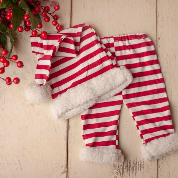 Holiday Candy Cane Stripped  Santa Hat and Pants Set, Newborn Photography Christmas Pom Sleepy Cap and Red and White Striped Pants