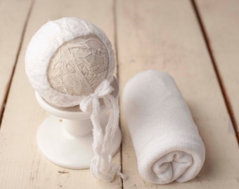 Ivory Off White Sweater Knit Bonnet and Stretch Sweater Wrap Newborn Photography Set