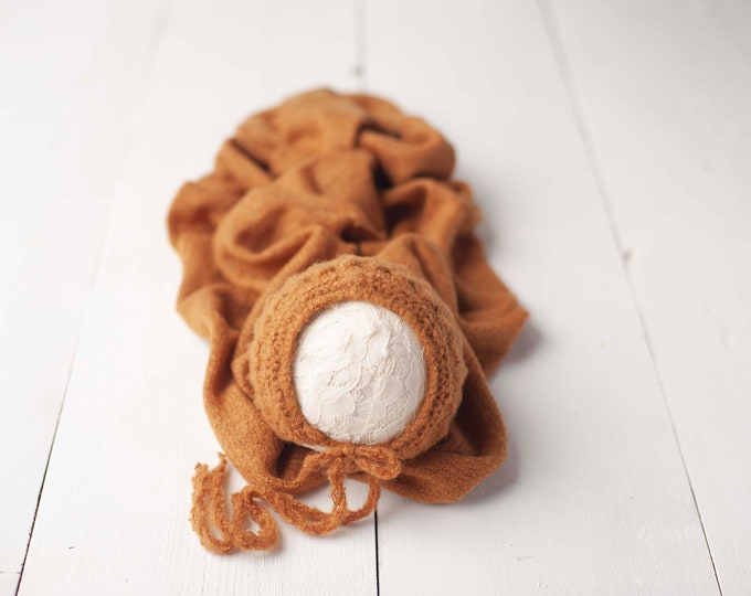 Nutmeg Sweater Knit Bonnet and Stretch Sweater Wrap Newborn Photography Set