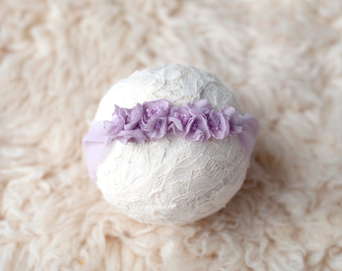 Lilac Purple Chiffon Petal Dainty Beaded Headband for Newborn Photography Photo Prop