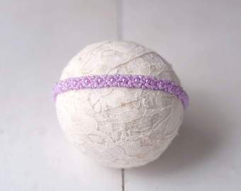 Dainty Lilac Beaded Pearl Headband For Newborn, Sitter Baby, Baptism, Photography Photo Prop