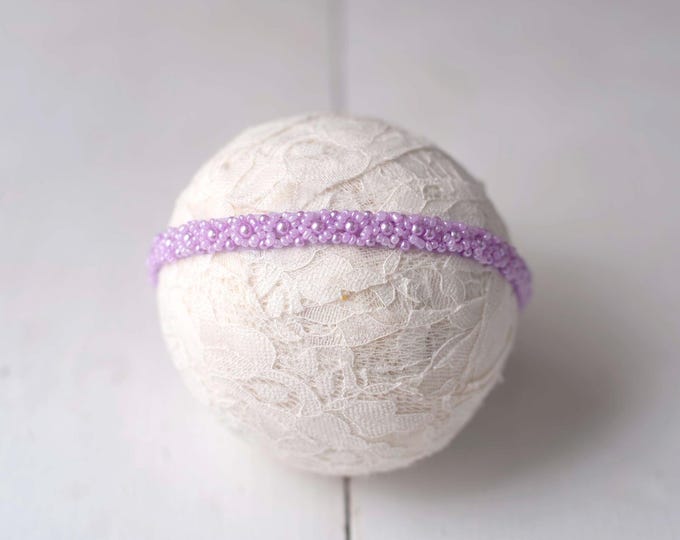 Dainty Lilac Beaded Pearl Headband For Newborn, Sitter Baby, Baptism, Photography Photo Prop