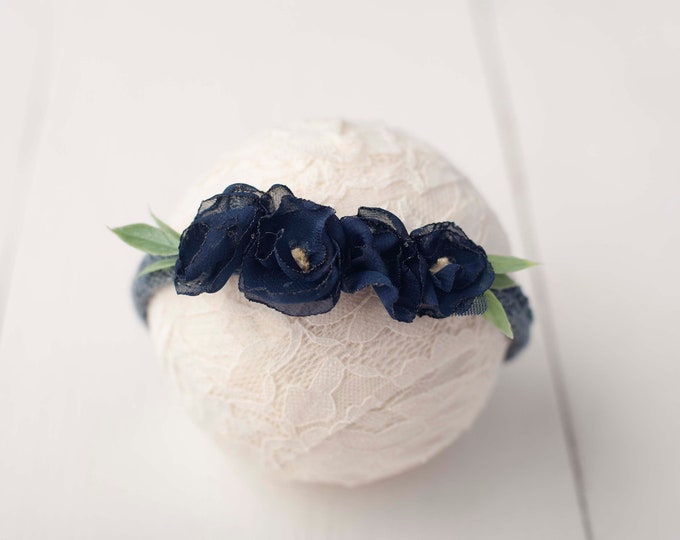 Dark Navy Blue Floral Newborn Tieback For Newborn Photography Photo Prop