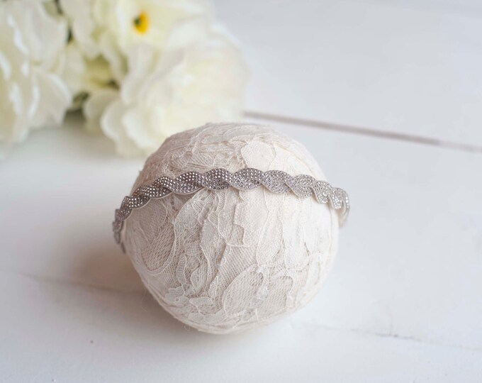 Dainty Ivory Rhinestone Headband For Newborn, Sitter Baby, Baptism, Photography Photo Prop