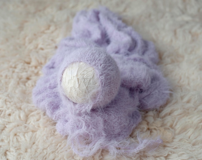 Lilac Fuzzy Knit Soft Sweater Knit Bonnet and Sweater Wrap Newborn Photography Set for Newborn Photography