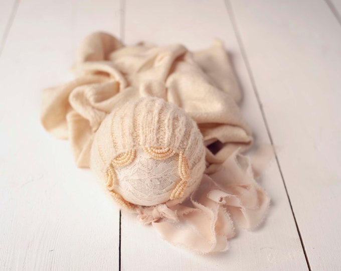 Cream Sweater Knit Bead Trimmed Bonnet and Stretch Sweater Wrap Newborn Photography Set