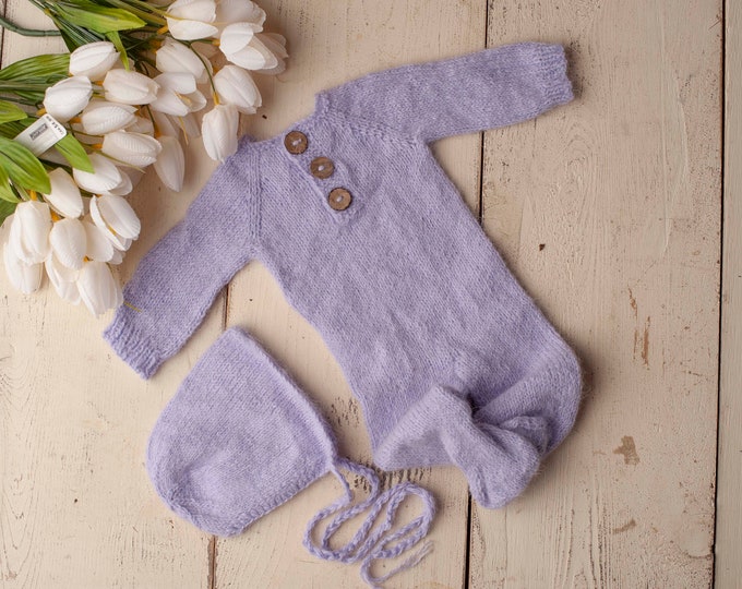 Lilac Purple Sidney Sleeper Fuzzy Knitted Footed  Newborn Romper for Newborn Photography, Lilac Soft Knit Romper and Bonnet Newborn Out Set