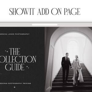 以下が含まれることがあります： 「The Collection Guide」と「Wedding Photography Pricing」というテキストが書かれた、結婚式の写真撮影料金ガイドの白黒画像。画像には、階段を上る新郎新婦の姿も写っている。