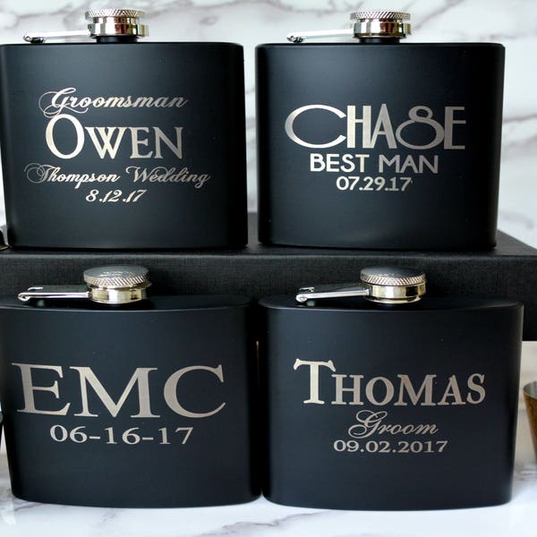 Groomsmen Gift Set, Personalized Gift for Him, Customized Flask Set, Engraved Flask Gift, Groomsman Flask, Groomsman Gift, Black Matte Flask