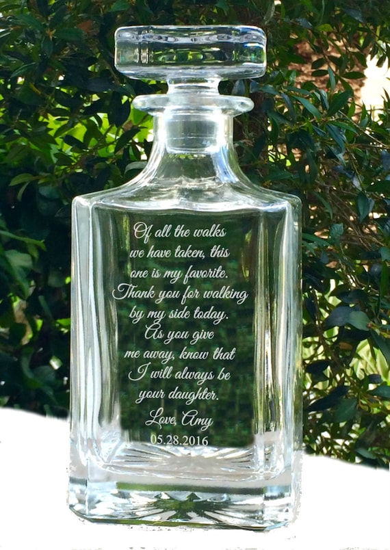 A deeply sentimental father-of-the-bride/groom personalized engraved decanter — the kind of gift that actually gets displayed on a shelf for years.