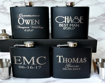 Set of 6 Engraved Flask Git Sets, Personalized Groomsmen Gifts, Customized Wedding Party Flask, Custom Designed Hip Flask for Bachelor Party