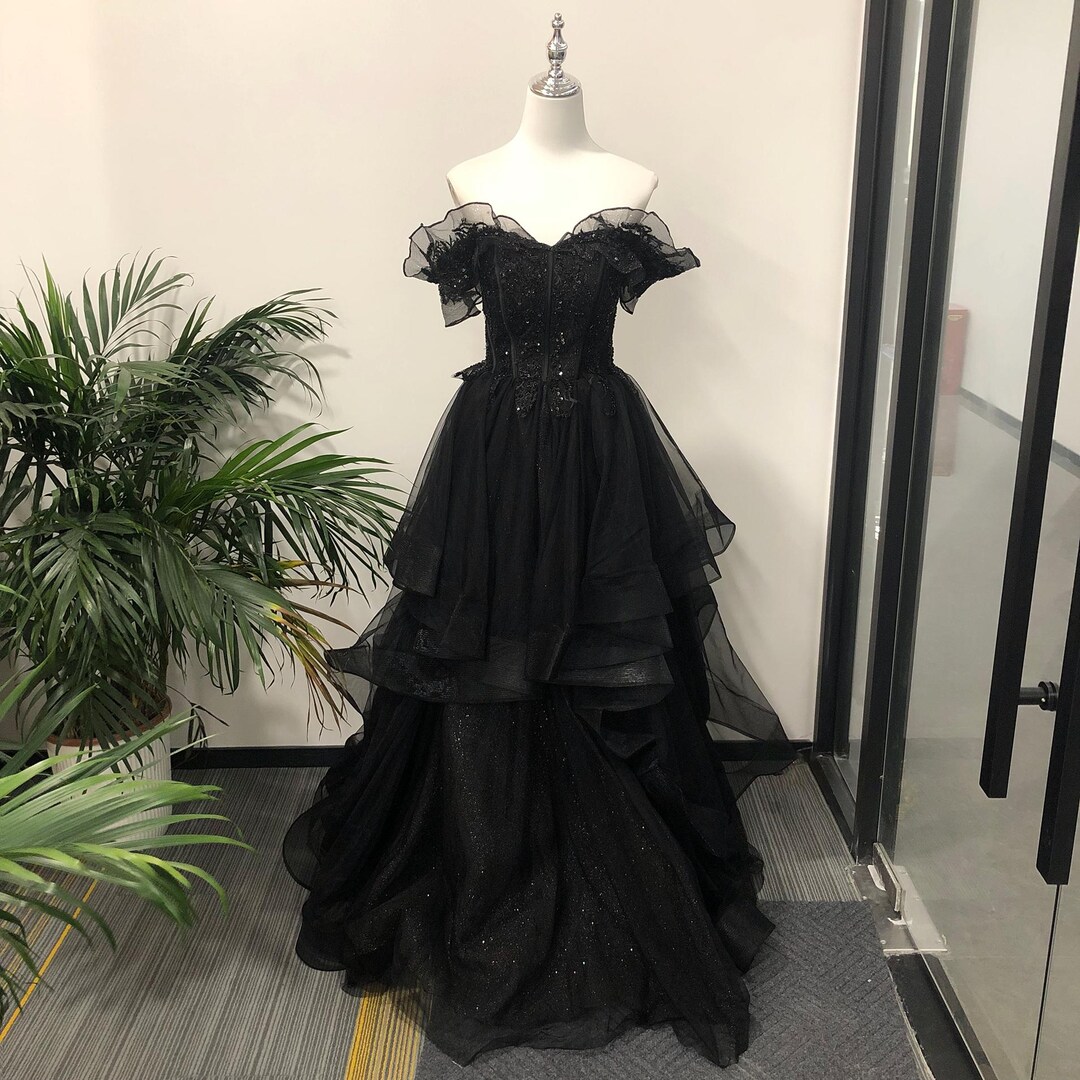 Black off shoulder tulle long prom dress, Classic fit evening dress main image 1