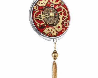 Specchio tascabile Steampunk con ingranaggi a vista – Specchio compatto meccanico rosso con nappa, specchio portatile in stile vintage, regalo per lei