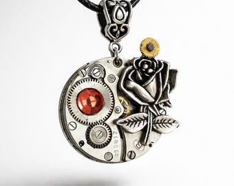 Collana con ciondolo a rosa steampunk, gioiello con movimento di orologio vintage, collana con ingranaggio in cristallo rosso, regalo gotico industriale per lei