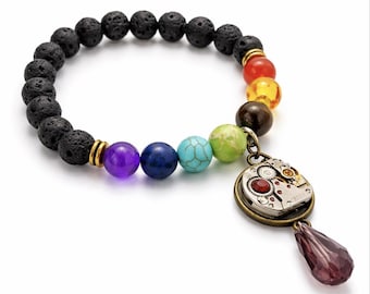 Bracciale Chakra in pietra lavica con ciondolo a forma di orologio steampunk, bracciale diffusore di aromaterapia, gioiello curativo con pietre preziose arcobaleno, regalo per lei