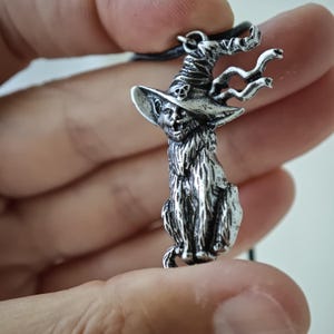 May include: A silver-colored pendant necklace featuring a cat wearing a witch's hat. The cat has a detailed, textured fur design and is seated. The witch's hat has a skull and a Celtic knot design. The pendant is suspended from a black cord.