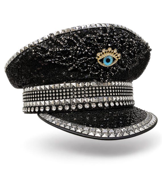 Black Embellished Unisex Hat, Rhinestone Military Cap  display picture 3