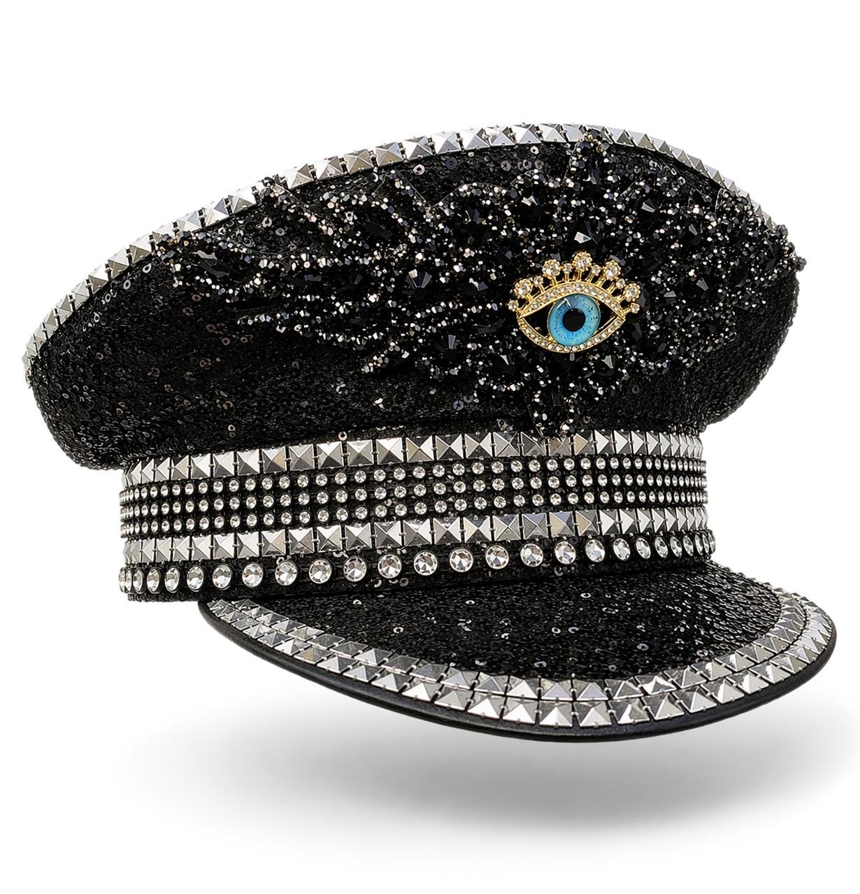 Black Embellished Unisex Hat, Rhinestone Military Cap  display picture 3