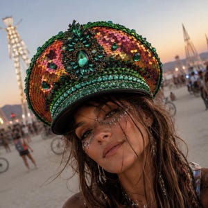 May include: A military-style cap covered in iridescent orange and green sequins, featuring a prominent central emerald green crystal embellishment, smaller green bead accents, and a black brim, creating a highly reflective and textured appearance.