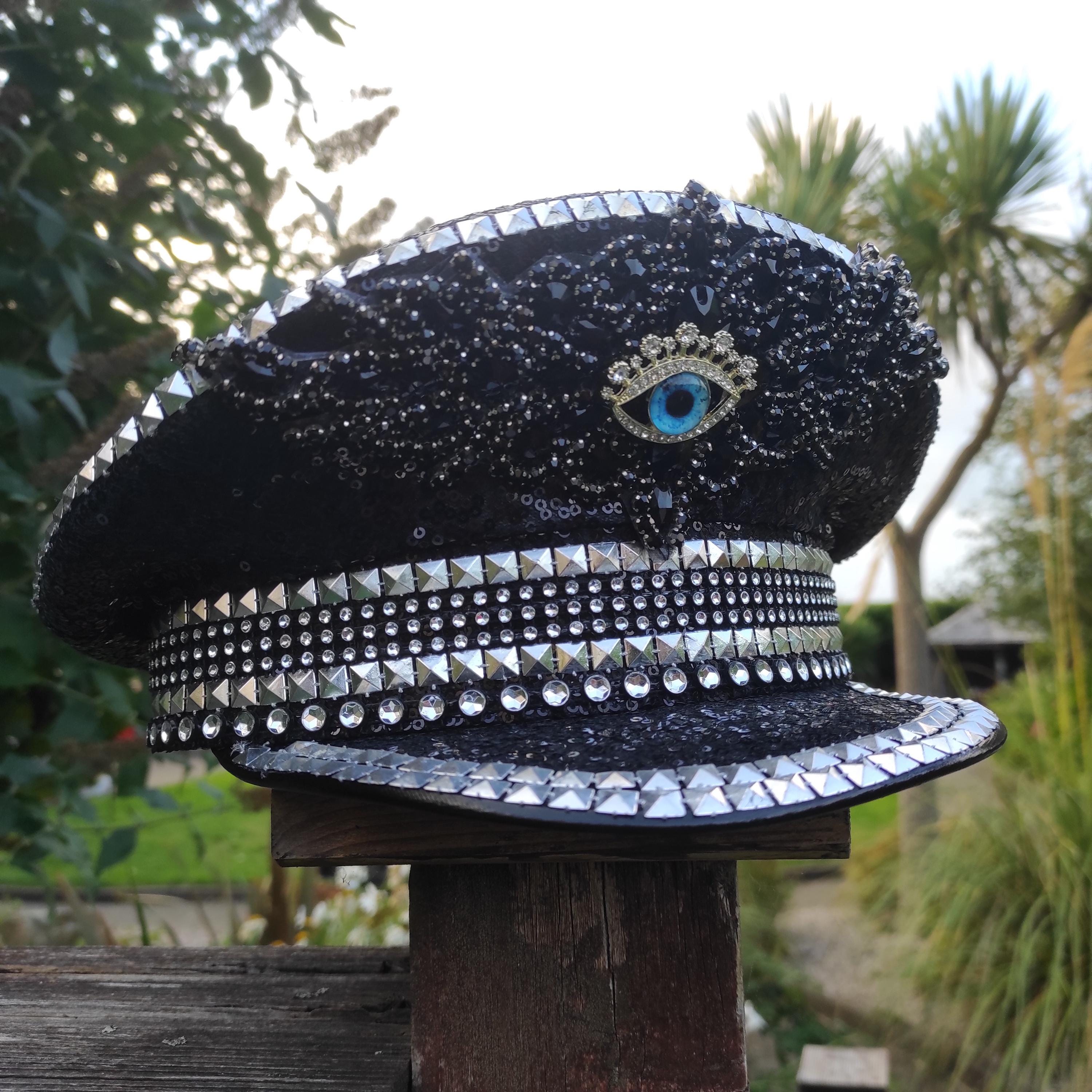 Embellished Black and Gold Hat festival edm bm headpiece headdress captain hat Leopard Steampunk Festival Hat – Handmade Captain Cap with  main image 2