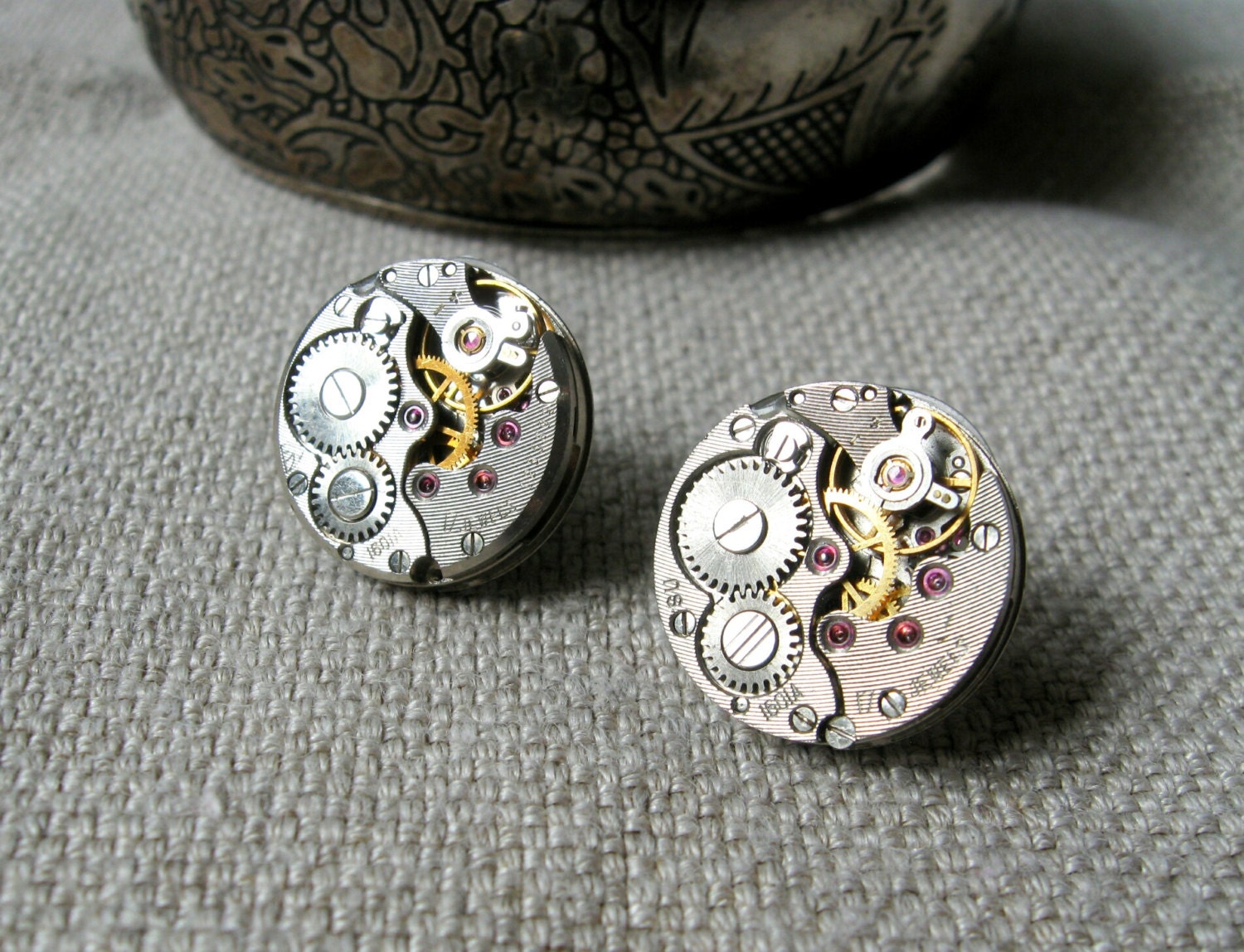 Round Studs Earrings in Steampunk Style With the Watch Parts