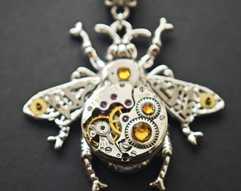 Bee jewelry Steampunk watch necklace Entomology Steam punk Vintage Futuristic bug Fantasy Stacking Mothers day Silver For men women Insect