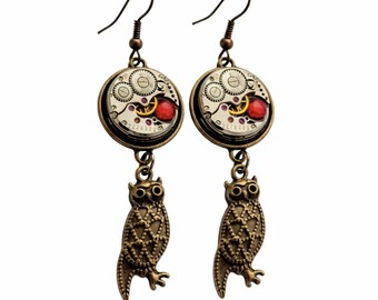 Orecchini Steampunk a forma di gufo con meccanismo di orologio, gioielli vintage con ingranaggi, orecchini con cristalli rossi, orecchini pendenti gotici, regalo unico per lei