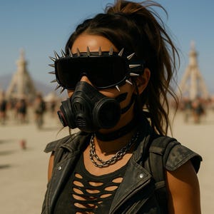 Puede incluir: Gafas de sol negras con púas plateadas y una máscara de gas negra. La máscara tiene un acento rojo en el lateral. La persona lleva una camiseta negra y una chaqueta de cuero negra. También se ven un collar de cadena plateada y una gargantilla negra.