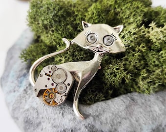 Cat brooch jewelry Steampunk figurine Animal lover gift Gift for her Robot Cool cats Cute Women Men Vintage Watch movement Silver Kitty