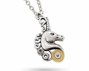 Collana unicorno steampunk, ciondolo cavallo meccanico, gioielli con ingranaggi di orologio, collana fantasy, regalo per lei, gioielli geek