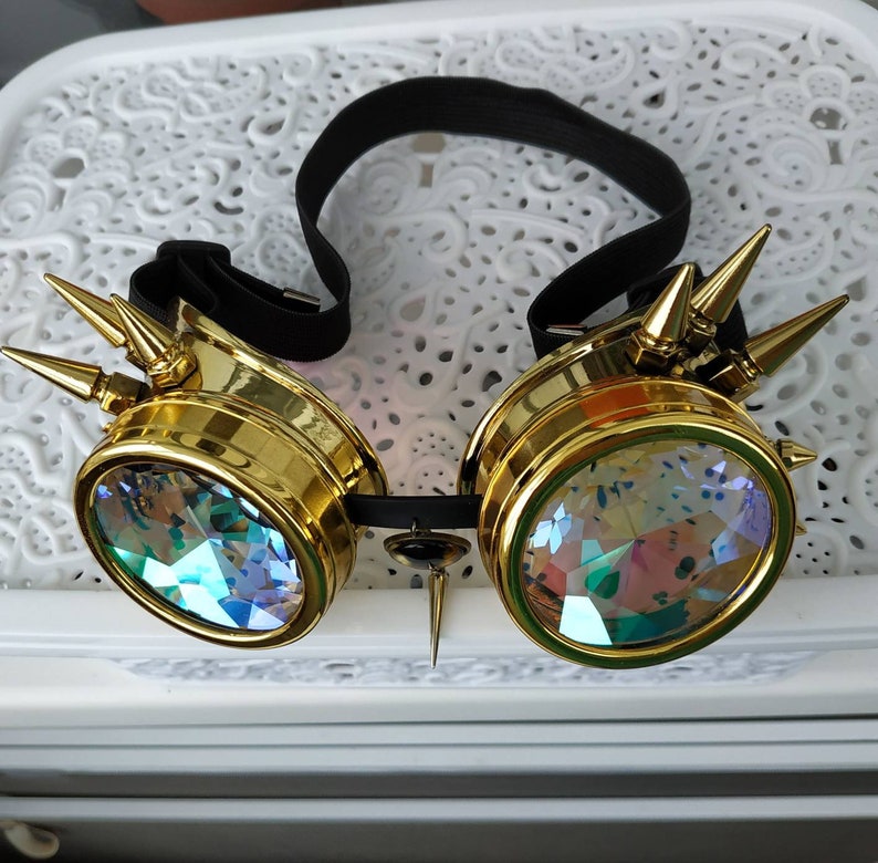 Gold dragon goggles Rainbow Trip Psychedelic Eye wear Golden Costume Festival DJ Futuristic King Queen Dance Music Steampunk For men women
