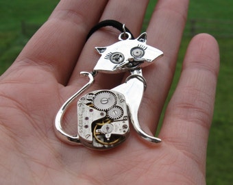 Valentines day gift Cat jewelry necklace Steampunk jewellery Cool Vintage pendant Animal for women men gifts Unusual Robot Steam punk