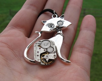 Valentines day gift Cat jewelry necklace Steampunk jewellery Cool Vintage pendant Animal for women men gifts Unusual Robot Steam punk