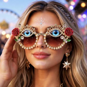 Gafas de sol estilo barroco, gafas llamativas y ornamentadas, gafas artísticas únicas, accesorios de moda para festivales, gafas con montura dorada perlada.