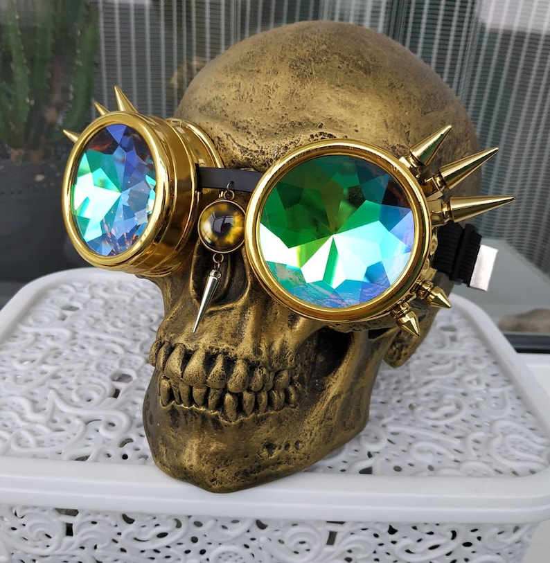 Gold dragon goggles Rainbow Trip Psychedelic Eye wear Golden Costume Festival DJ Futuristic King Queen Dance Music Steampunk For men women
