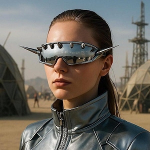 Futuristic Cyberpunk Spiked Sunglasses – Silver Reflective Festival Goggles