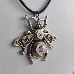 Bee jewelry Steampunk gift Silver necklace jewellery Handmade Steam punk Unusual Vintage watch parts For men women