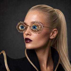 May include: Gold-toned glasses featuring eye-shaped frames with blue irises and pupils. The frames are adorned with radiating gold metal spokes tipped with small clear crystals, creating a sunburst effect around each lens. Thin gold metal temples.
