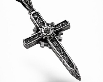 Collana con ciondolo a croce steampunk per uomo, ciondolo a croce con ingranaggio gotico, gioiello meccanico vintage in argento, regalo cristiano industriale