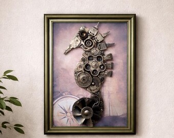 Decorazione murale con cavalluccio marino in stile steampunk: parti di orologio uniche con assemblaggio in metallo e cornice