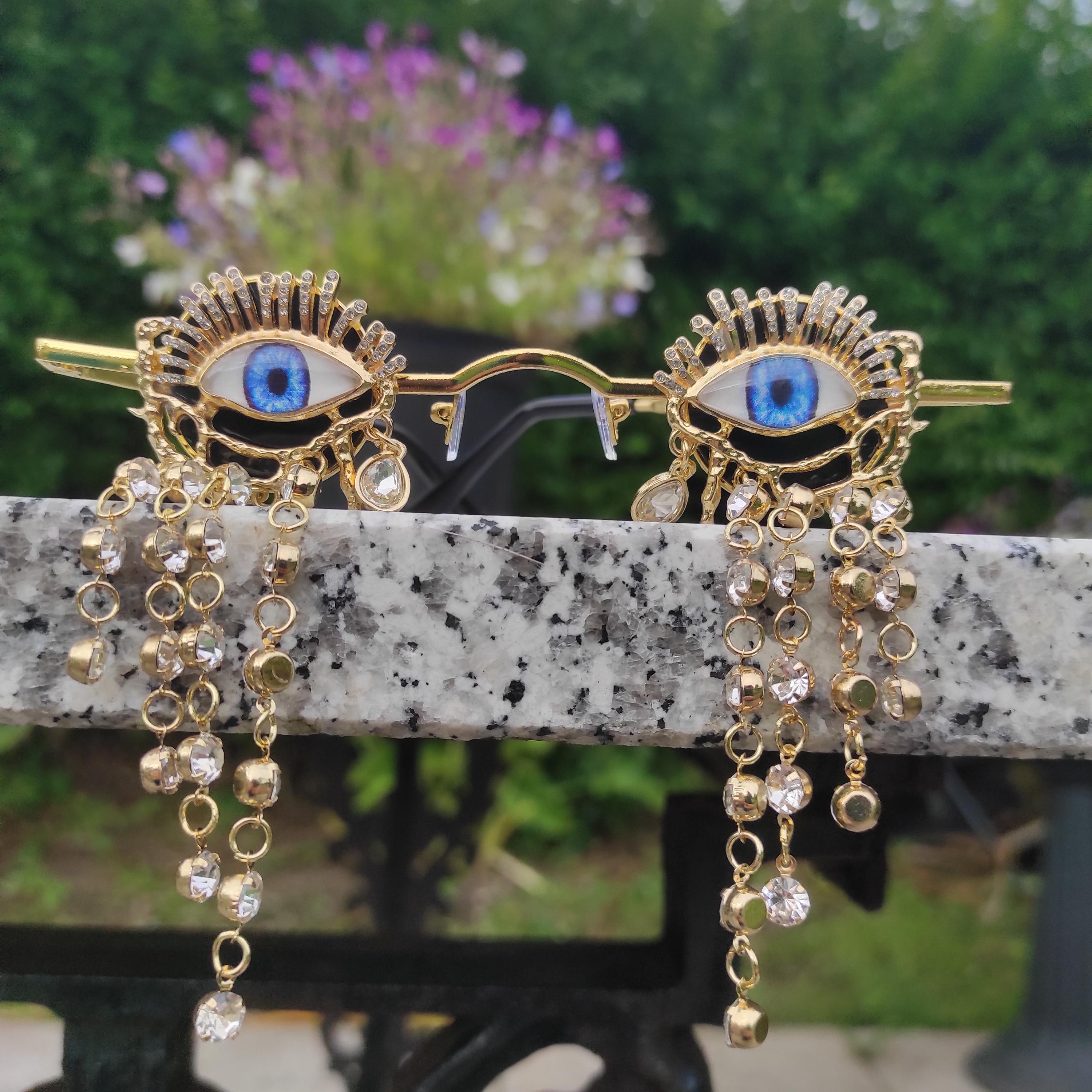 Golden Evil Eye Sunglasses – Rhinestone Chain Dangle  display picture 1