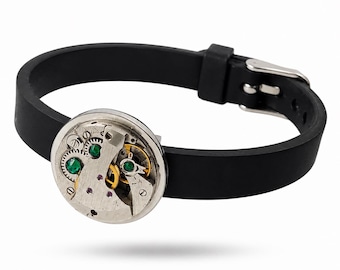 Bracciale in silicone con movimento di orologio steampunk, bracciale nero regolabile con cristalli di smeraldo, gioiello industriale unisex, idea regalo