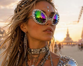 Rainbow Spike Sunglasses – Futuristic Cat Eye Shades with Rhinestones & Iridescent Lenses, Statement Festival Sunglasses