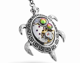 Collana con ciondolo a forma di tartaruga steampunk, gioiello con movimento di orologio, meccanico, collana in stile vintage, regalo unico per lei, gioiello nautico