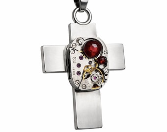 Collana con ciondolo a croce steampunk con gemma rossa, gioiello ispirato al movimento di un orologio, croce industriale gotica, collana con ingranaggi meccanici, regalo unico