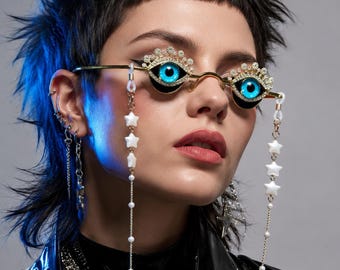 Occhiali surreali con catena a stelle, occhiali da vista blu fantasy, occhiali stravaganti per costumi, accessorio artistico per festival, regalo per lei