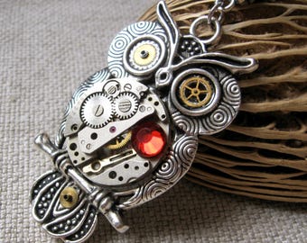 Owl jewelry gift Steampunk Bird heart necklace Vintage watch parts pendant Ukrainian Steam punk Romantic Owls For women men