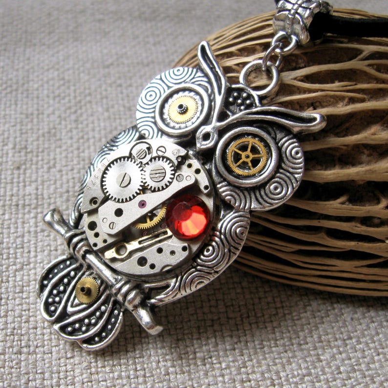 Owl jewelry gift Steampunk Bird heart necklace Vintage watch parts pendant Ukrainian Steam punk Romantic Owls For women men image 1